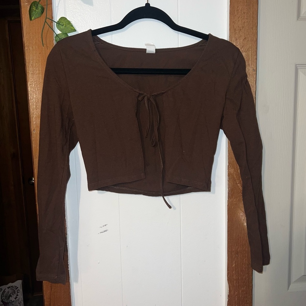 Tie Front Ribbed Knit Crop Top Brown